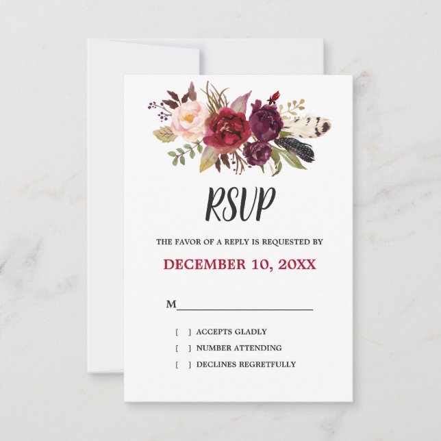 Borgoña Red Floral Rustic Boho RSVP (Anverso)