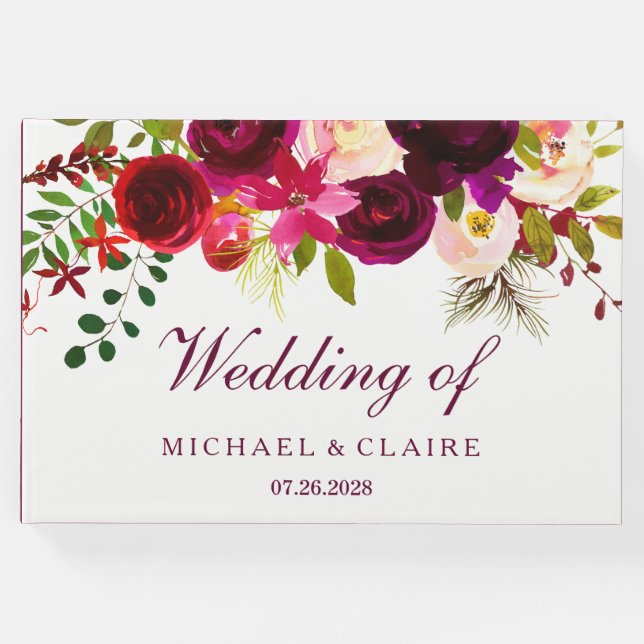 Borgoña Red Purple Floral Boho Boda Libro (Anverso)