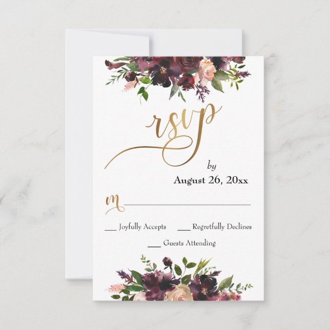 Borgoña Roja Rubor Floral Gold Script Wedding RSVP (Anverso)