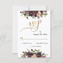 Borgoña Roja Rubor Floral Gold Script Wedding RSVP