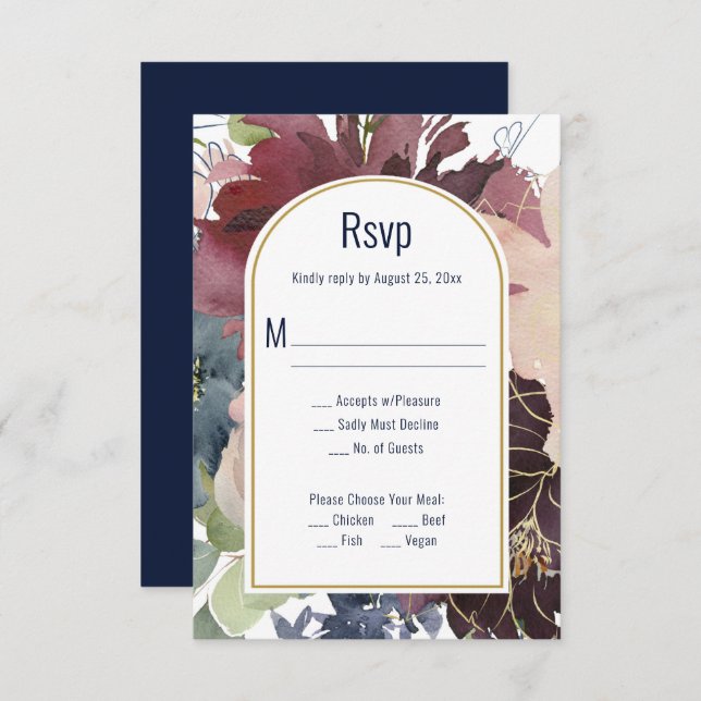 Borgoña, Rosa, Navy Gold Arch RSVP (Anverso / Reverso)