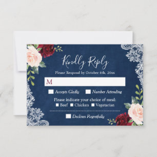 Borgoña Rubor Floral Lace Navy Blue Wedding RSVP