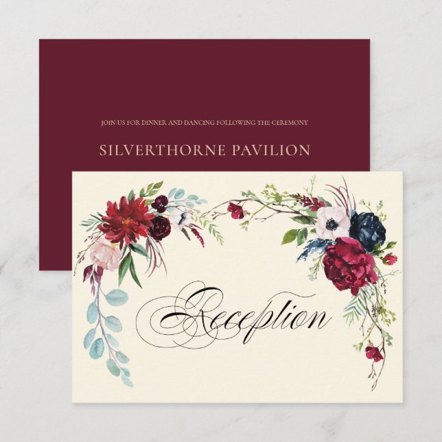 Borgoña | Tarjeta de recepción de bodas florales d (Anverso / Reverso)