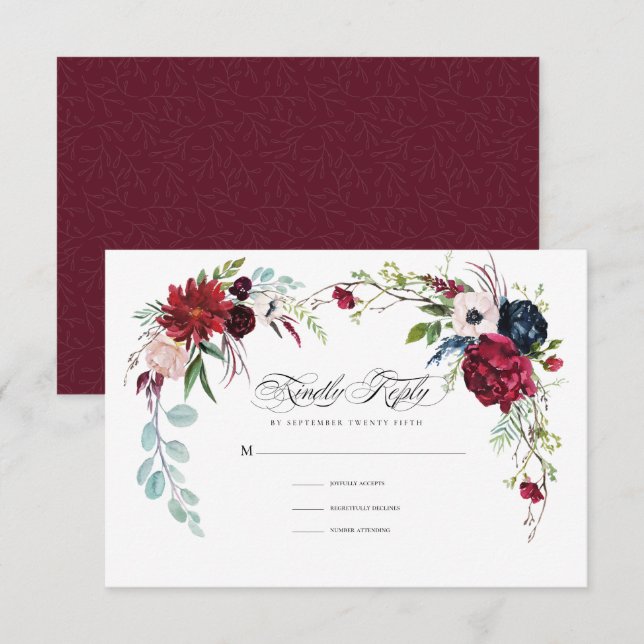 Borgoña | Tarjeta RSVP de boda floral azul de la m (Anverso / Reverso)