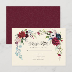 Borgoña Tarjeta RSVP de boda floral azul de la m