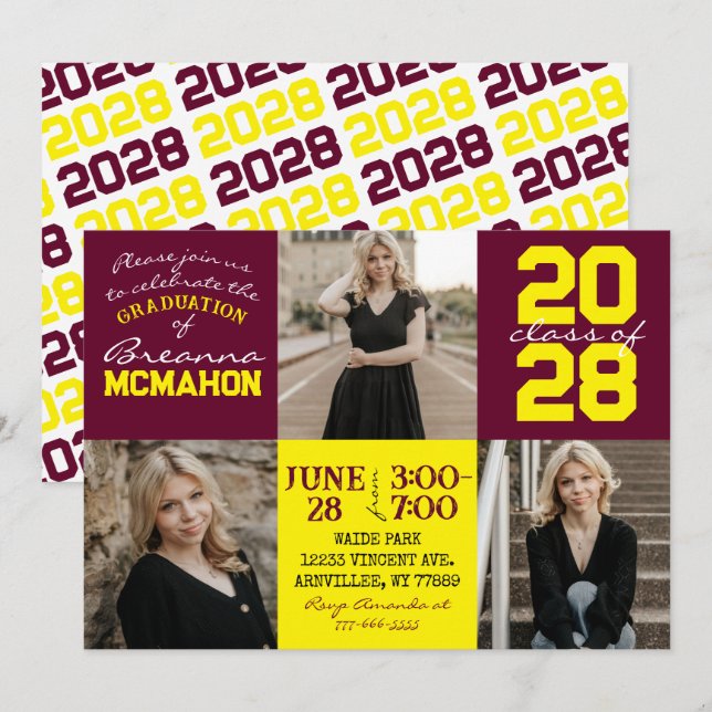 Borgoña y amarillo 3 Invitación a graduación de fo (Anverso / Reverso)