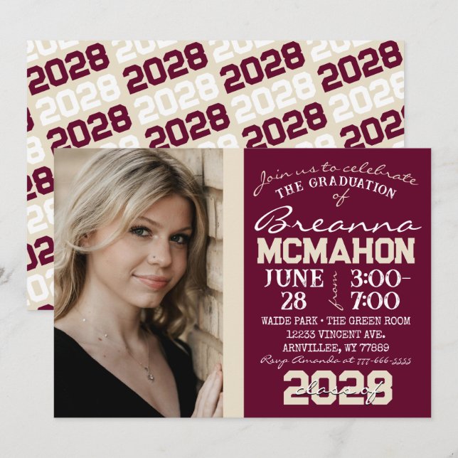 Borgoña y Crema Tan Graduada Invitación a la foto (Anverso / Reverso)