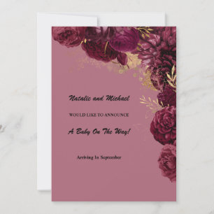 Borgoña Y Invitación De Embarazo Floral De Oro