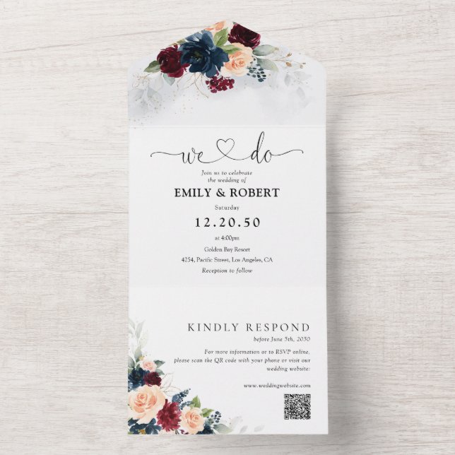 Borgoña y marina todo en una invitación de boda (Interior)