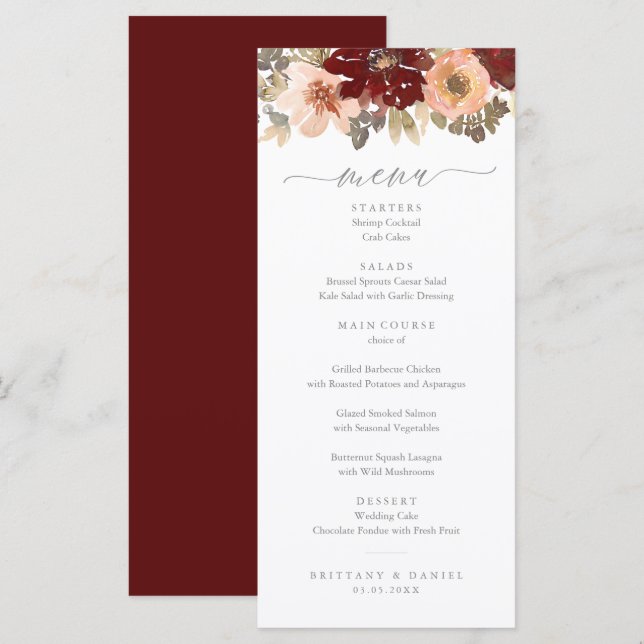 Borgoña y menú de Boda floral de cada grano (Anverso / Reverso)