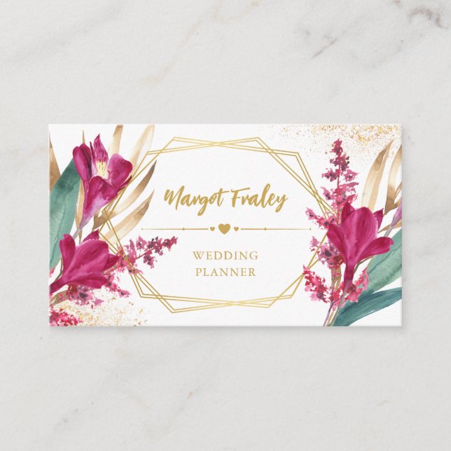 Borgoña y oro | Tarjeta de presentación de Wedding (Anverso)