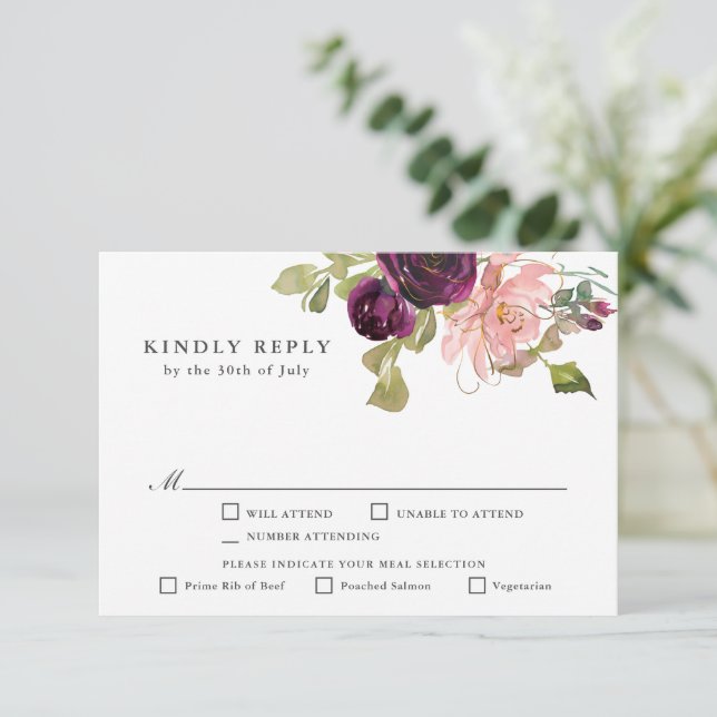 Borgoña y Rubor Pink Floral RSVP con árboles (Anverso de pie)
