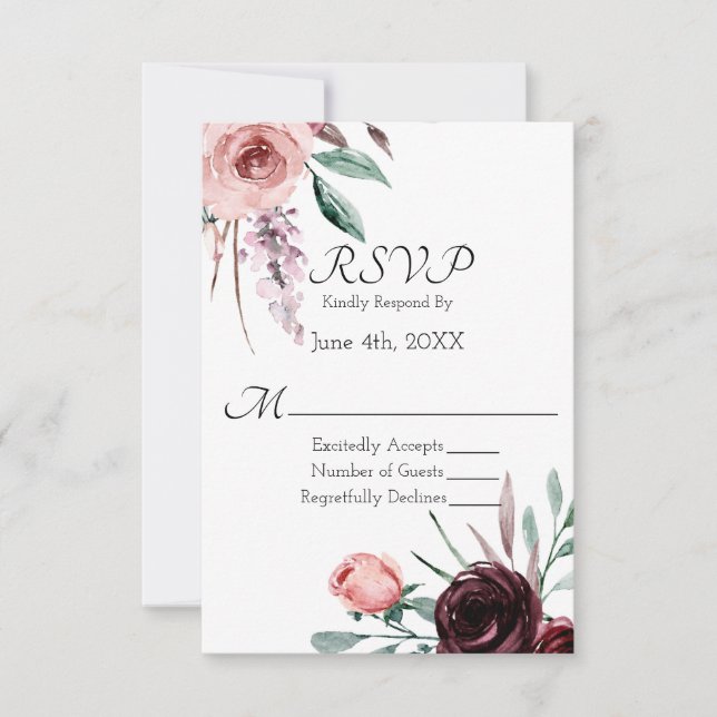Borgoña y Rubor Pink Floral Wedding RSVP (Anverso)