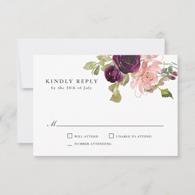 Borgoña y Rubor Pink Wedding RSVP (Anverso)