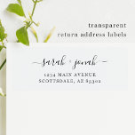 Borrar etiquetas de dirección de devolución de Bod<br><div class="desc">Elegantes etiquetas de dirección de retorno transparentes para los sobres de invitación de boda. Cada etiqueta de la hoja de 8x8" es ligeramente inferior a 1" de alto por aproximadamente 2, 5" de ancho.</div>