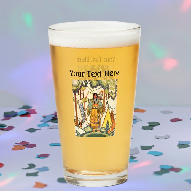 Borroidery Look Native American Woods Tepee (Native American woman in woods tepee embroidery faux texture on glass drink tumbler.)