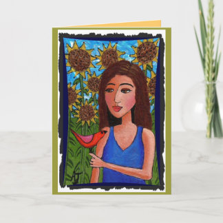 Bosque de girasoles, Chica y pájaro rojo - tarjeta