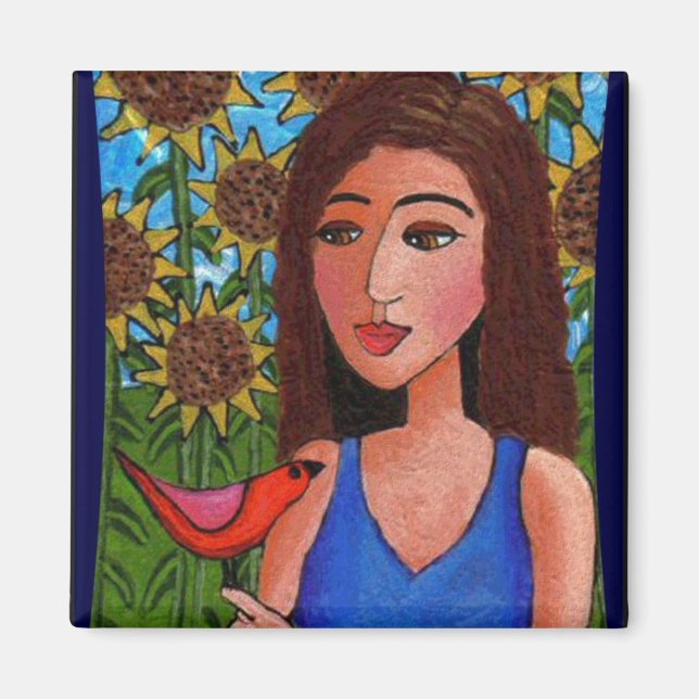 Bosque de girasoles, Lady & Red Bird - imán (Frente)