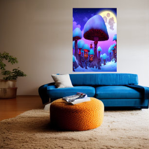 Bosque de hongos, noche, luna, nieve Arte IA