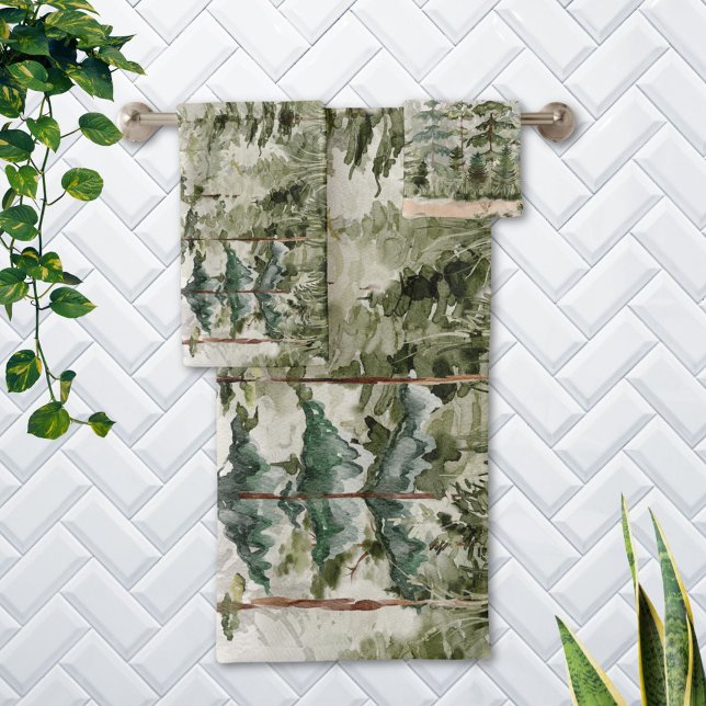 Bosque de Pino Verde de Montaña con Acuarela Monog (In situ Bathroom wall)