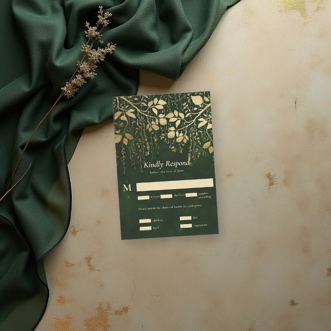 Bosque Encantado Oro Follaje Verde RSVP Boda (enchanted forest wedding theme rsvp reply card gold foliage hunter green gold elegant)