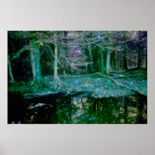 Bosque encantado oscuro arte fantástico estanque