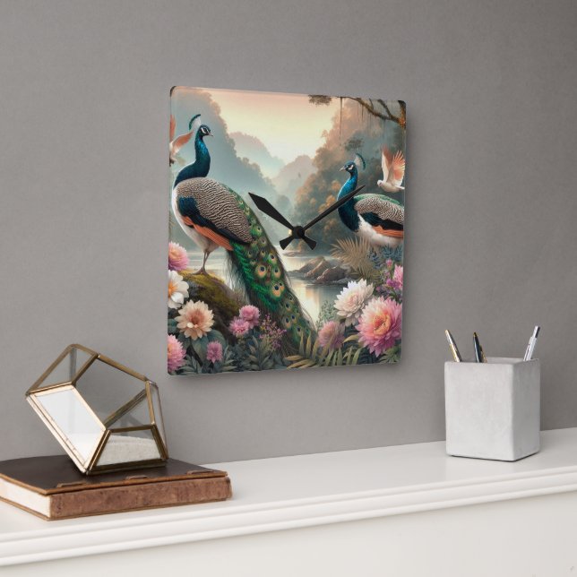 Bosque Lluvioso Hermoso con Reloj de Pared de Pavo (Oficina)