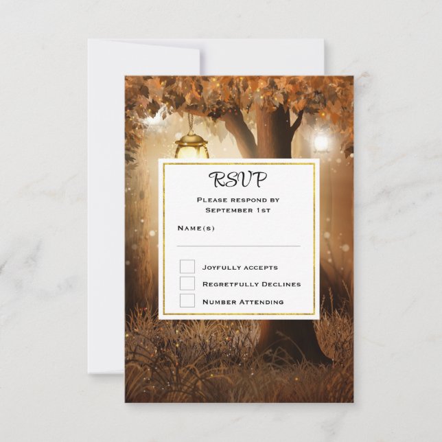Bosque mágico con luces de hadas Boda RSVP (Anverso)
