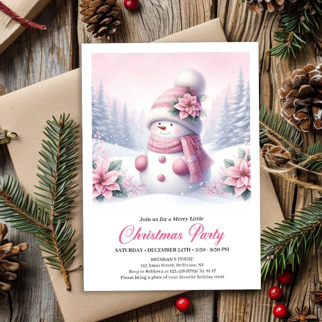 Bosque Nevado Adorable Invitación Digital de Muñec (Cute Snowy Forest Pink Snowman Kids Invite Digital File)