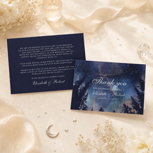 Bosque Nocturno Estrellado Agradecimiento de Boda  (Starry Night Forest Celestial Wedding Thank You Card on a table with flowers and celestial decor)