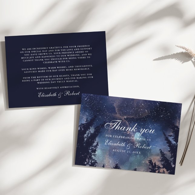 Bosque Nocturno Estrellado Agradecimiento de Boda  (Starry Night Forest Wedding Thank You Card on a sunny white table.)