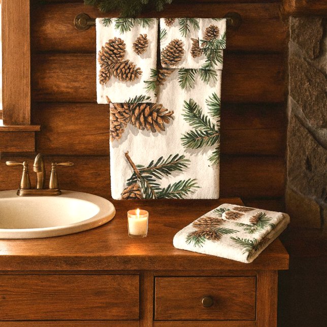 Bosque Perenne Rústico (Cozy cabin evergreen and pinecone bathroom towels. Buy set or separates. )