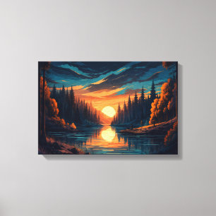 Bosque Río Atardecer Dorado Arte de Pared de Lienz