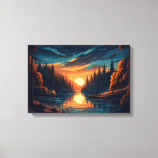 Bosque Río Atardecer Dorado Arte de Pared de Lienz