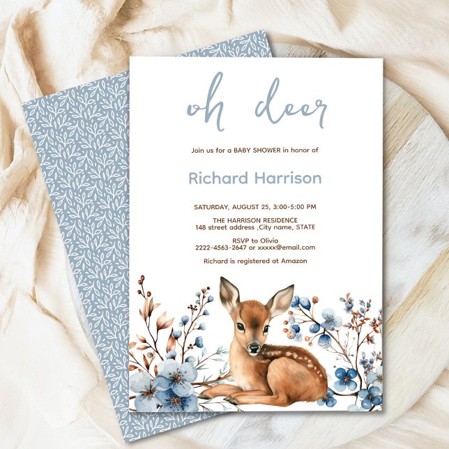 Bosque rústico Oh ciervo linda invitación a la duc (Oh deer rustic blue florals with cute forest deer baby shower invitation, gender neutral, woodland )