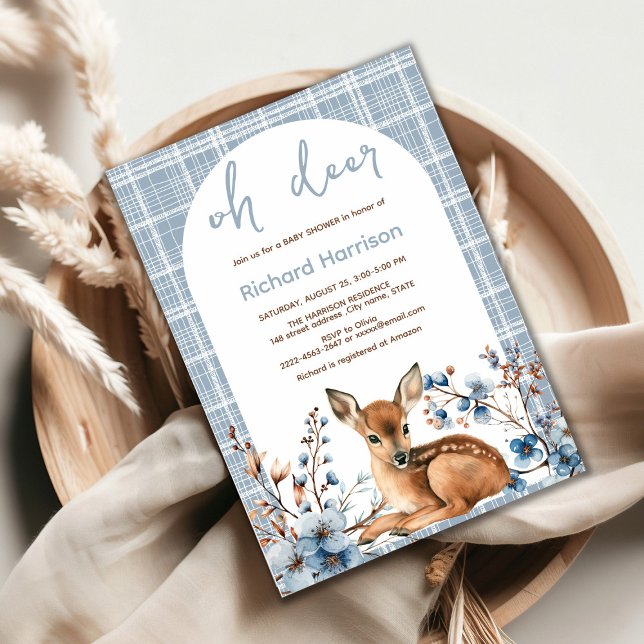 Bosque rústico Oh ciervo linda invitación a la duc (Oh deer rustic blue florals with cute forest deer baby shower invitation, gender neutral, woodland )