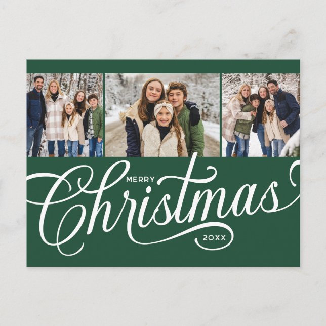Bosque Verde Script Familia 3 Foto Navidad (Anverso)