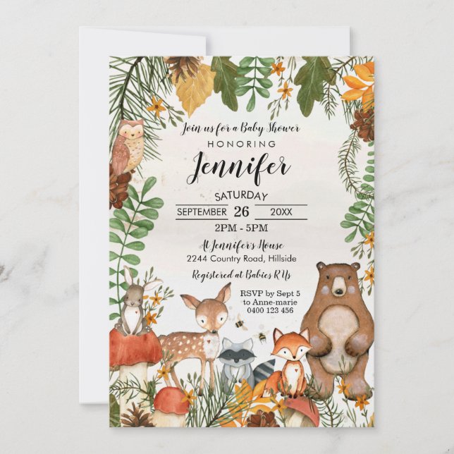 Bosques de animales de la Baby Shower Invitación a (Anverso)