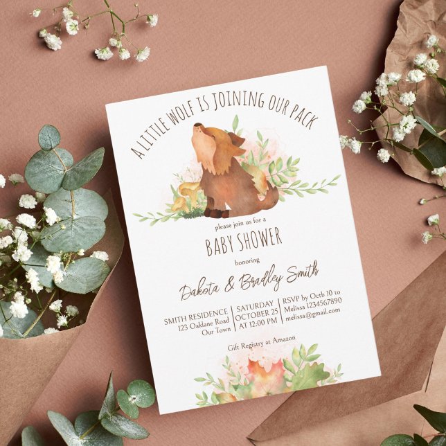 Bosques de lobo caen plantilla de ducha de bebé (Wolf baby shower template invitation cute wolf pup fall foliage baby shower invite instant download)