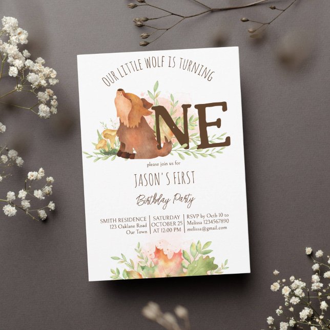 Bosques de lobos caen plantilla de primer cumpleañ (Wolf birthday party template invitation cute wolf puppy first birthday wild one fall themed invite)