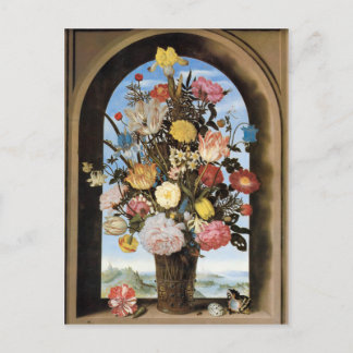 Bosschaert Bouquet en una postal de la ventana arq