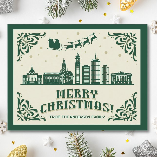 Boston, MAMÁES Navidades de Skyline, tarjeta posta (Boston, MA skyline christmas card green modern merry christmas postcard with custom details)