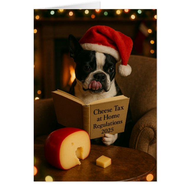 Boston Terrier 'Cheese Tax' Christmas card (Frente)