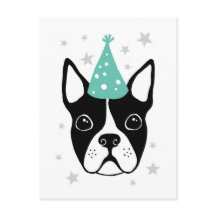 Boston terrier con gorra fiesta tarjeta de cumplea