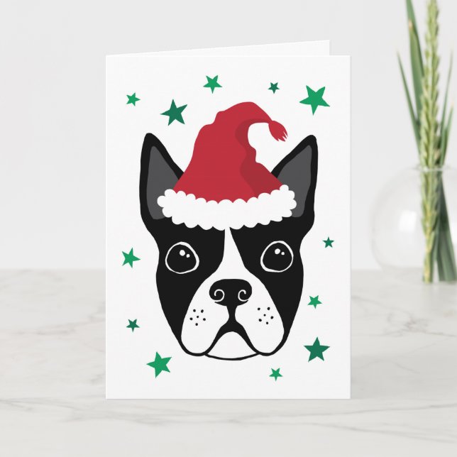 Boston terrier con tarjeta de Navidades de sombrer (Anverso)