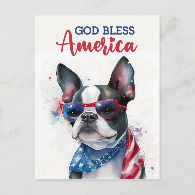 Boston Terrier, Dios Bendiga América Tarjeta Posta (Anverso)