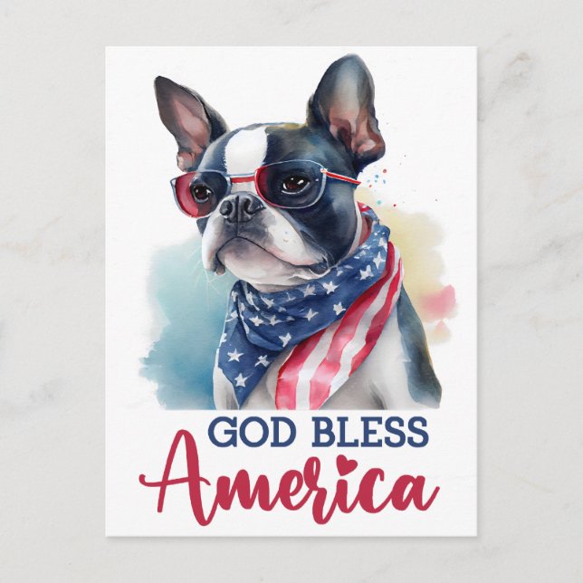Boston Terrier, Dios Bendiga América Tarjeta Posta (Anverso)