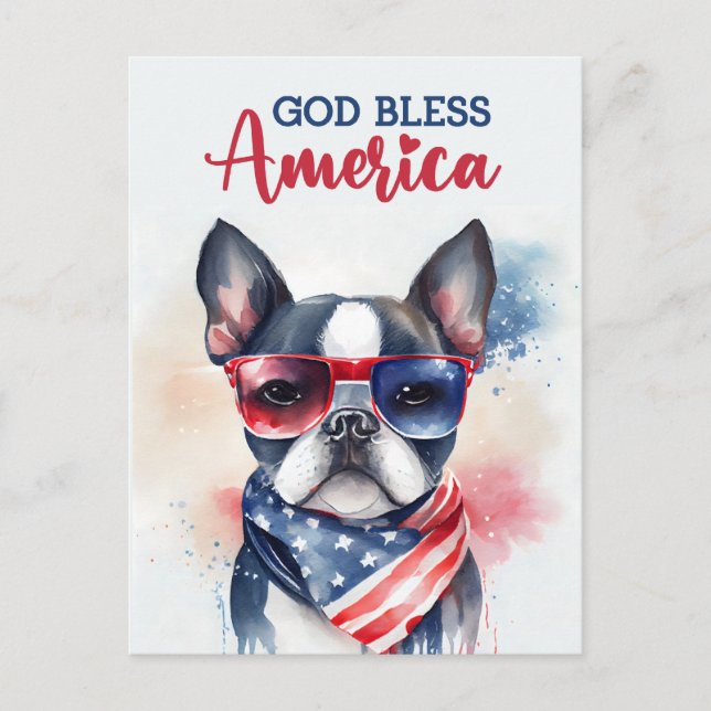 Boston Terrier, Dios Bendiga América Tarjeta Posta (Anverso)