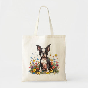 Boston Terrier en la bolsa de tote en flor