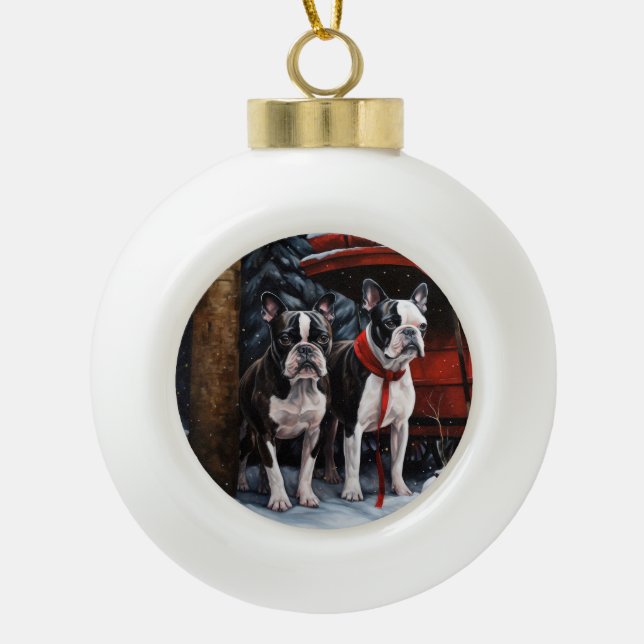 Boston Terrier Nevado Trineo Decoración de Navidad (Anverso)